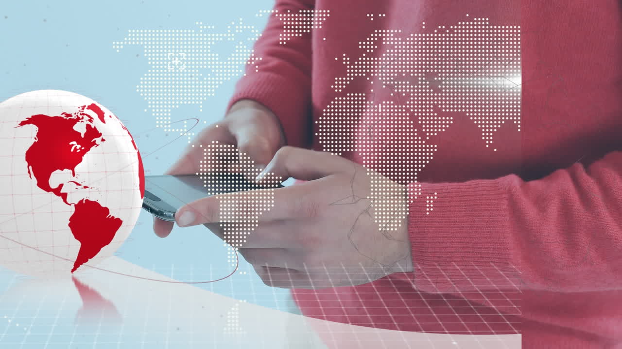 animación del mapa del mundo y el globo sobre el hombre biracial usando teléfono inteligente