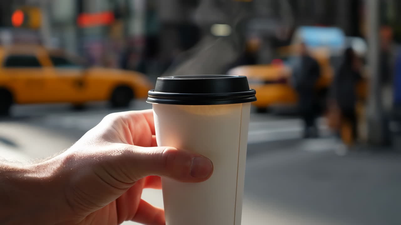 Hand holding a hot coffee cup on a city street with taxis and blurred people