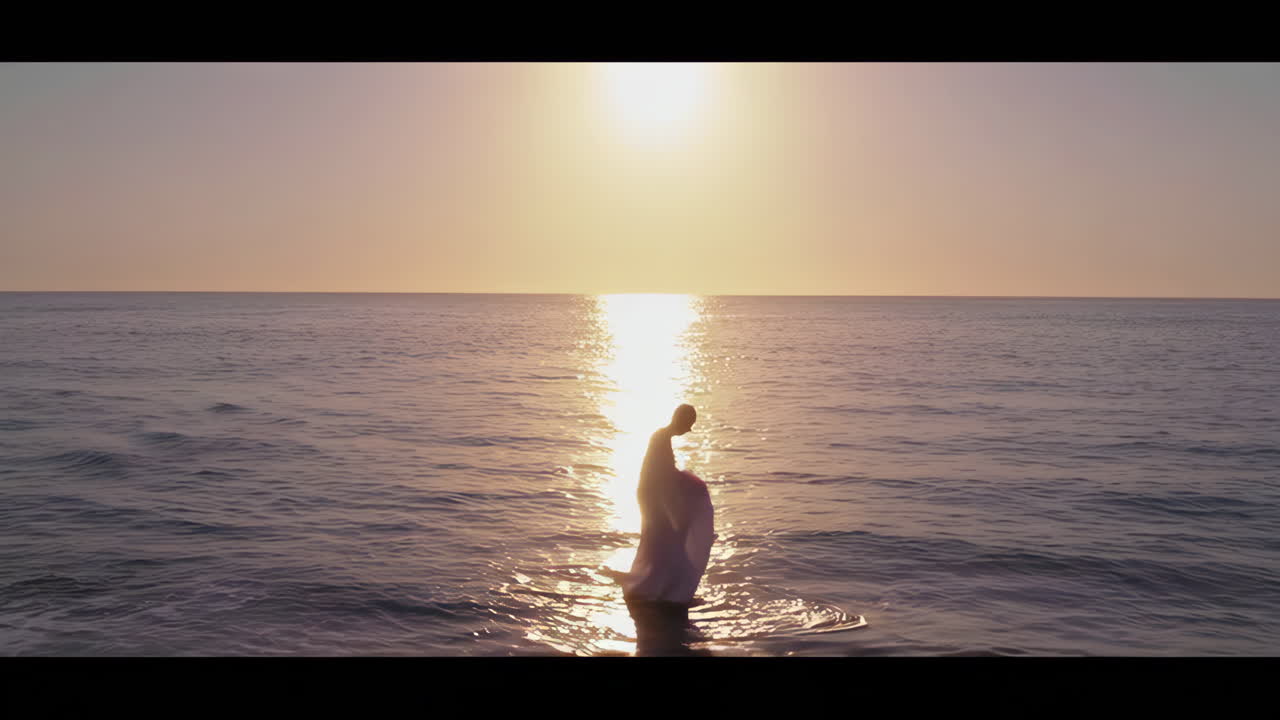 Person Walking on the Beach at Sunrise/Sunset