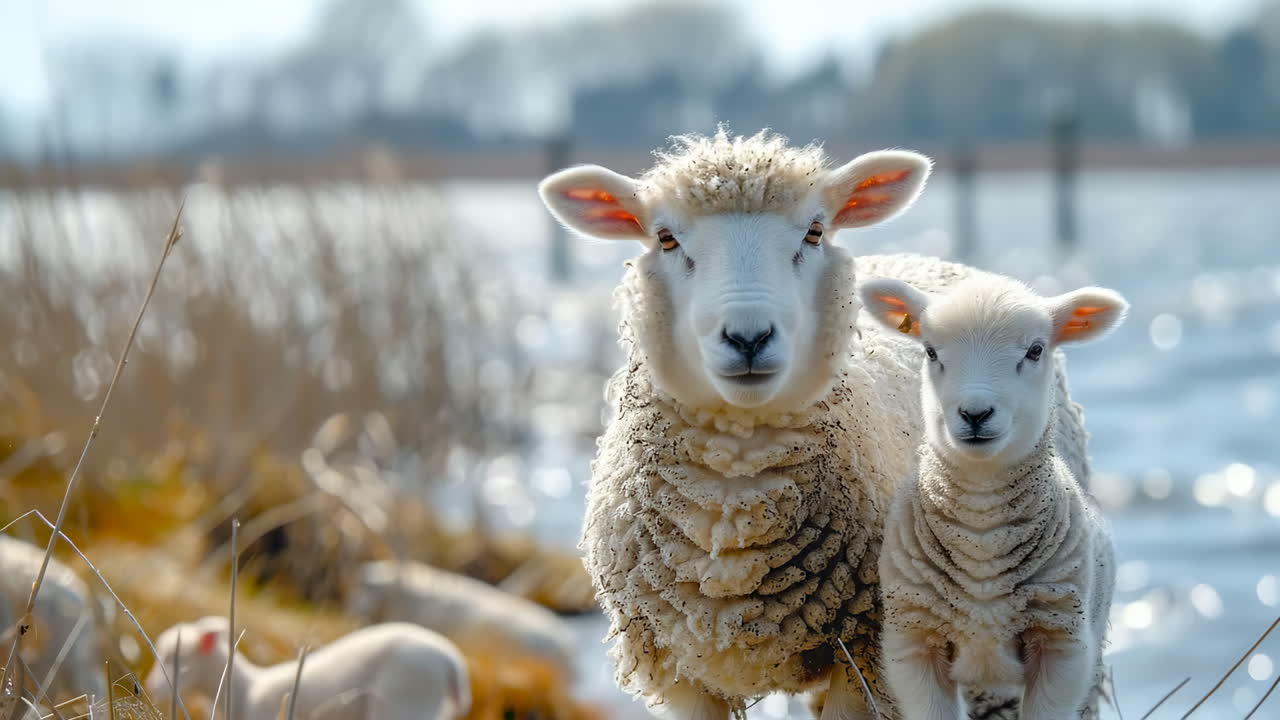 Cừu mẹ và cừu con gần mặt nước. Một con cừu mẹ đứng bảo vệ bên cạnh cừu con của mình cạnh một vùng nước tĩnh lặng, xung quanh là cỏ cao và lau sậy