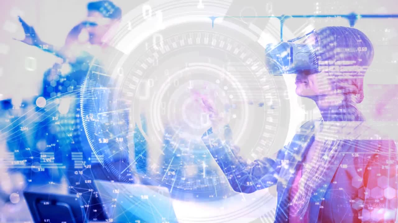 증강 현실을 사용하는 여성과 결합된 과학 구성 애니메이션