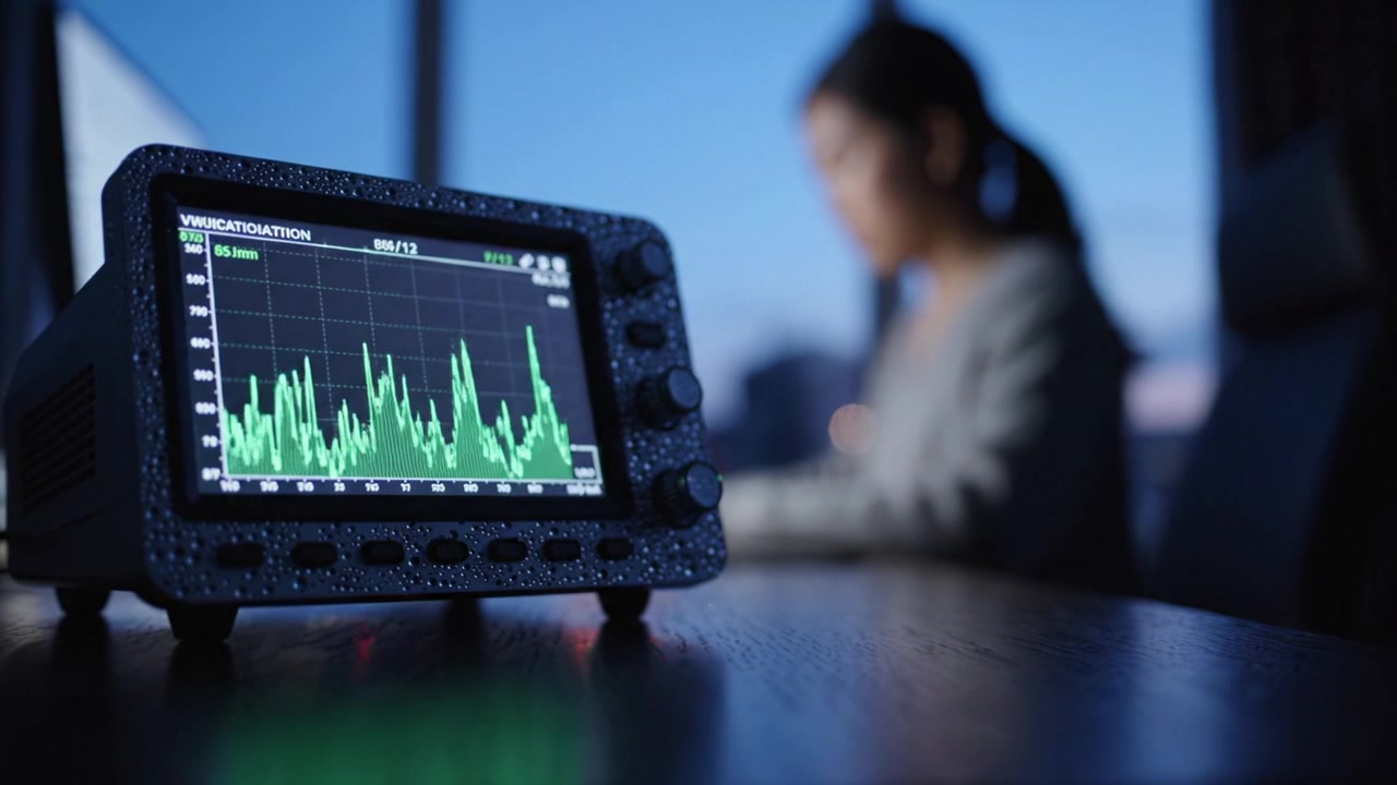 Analisi delle Tendenze dei Dati: Un Primo Piano di un Monitor che Mostra Dati a Forma d'Onda con un Utente Sfocato al Crepuscolo