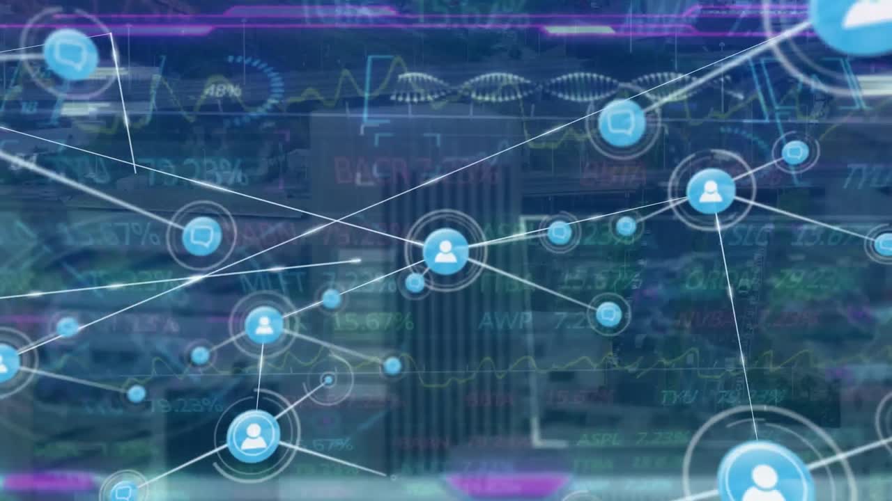 Animation of network of connections with icons over digital screen with data
