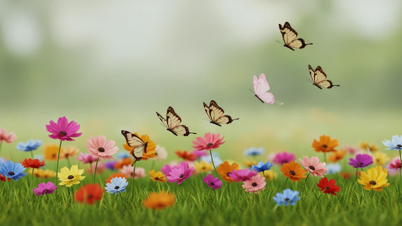 A Vibrant Display of Nature: Fluttering Butterflies and Blooming Flowers Create a Picturesque Scene in a Lush Green Landscape During the Day