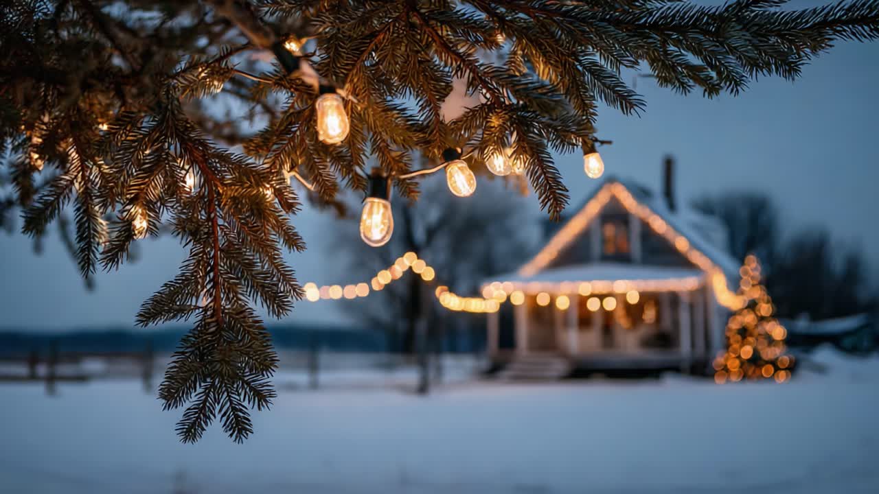 Enchanting Winter Scene Featuring a Cozy House Adorned with Twinkling Lights and a Christmas Tree Under an Evergreen Branch in a Snowy Landscape