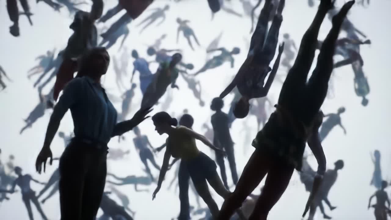 A Dystopian Vision of Humanity: A Surreal Scene of Silhouetted Figures Floating in an Ethereal Space, Evoking Feelings of Freedom and Isolation