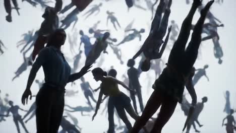 a dystopian vision of humanity: a surreal scene of silhouetted figures floating in an ethereal space, evoking feelings of freedom and isolation