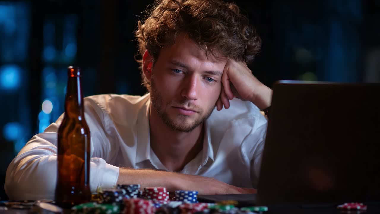 A contemplative young man stares intently at a laptop screen, surrounded by scattered poker chips and a bottle of beer, reflecting the tension and emotions often associated with online gambling activities