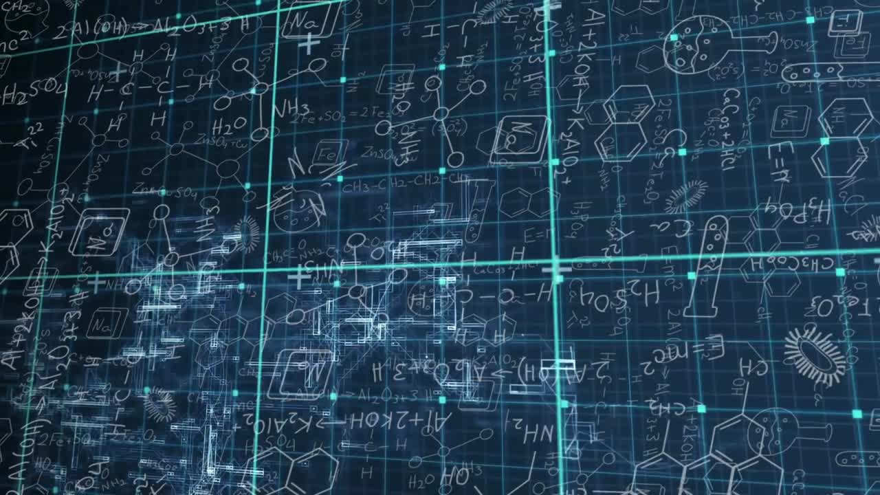 Digital distortion flickering formulas initiating grid shifting and revealing chemical molecules