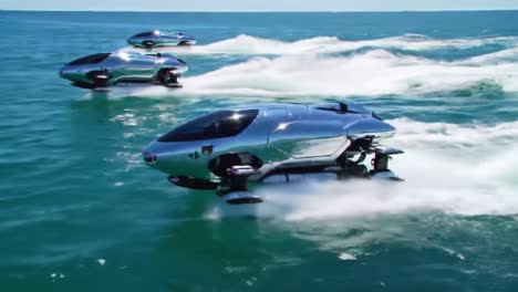 spectacular hovercrafts glide effortlessly over clear ocean waters in a coastal setting. the bright blue sky enhances the thrilling demonstration of cutting-edge marine technology.