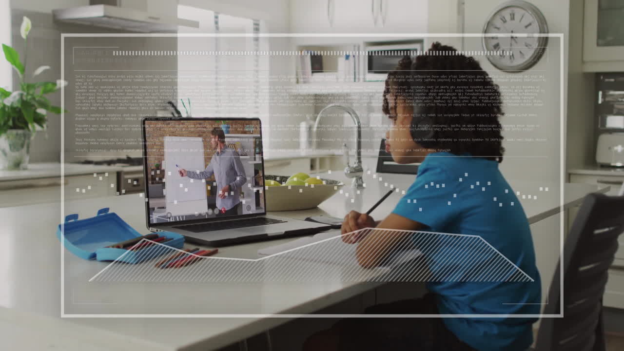 Animation of chart and data processing over biracial boy using laptop for online lesson at home