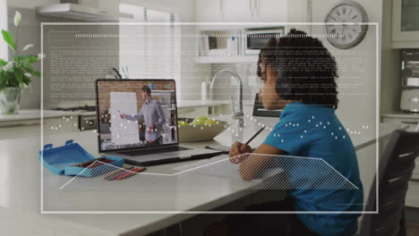 animation of chart and data processing over biracial boy using laptop for online lesson at home