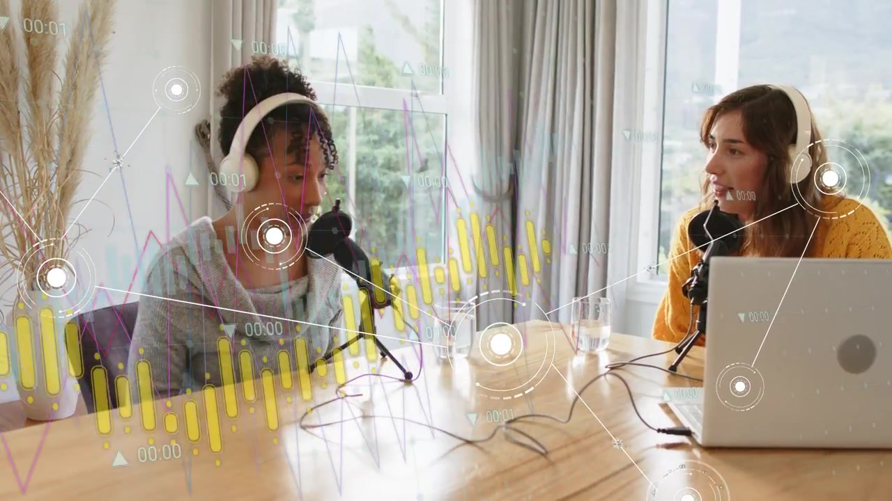 Two hosts at desk starting podcast recording alternating talking as audio HUDs sweeping mics,laptop