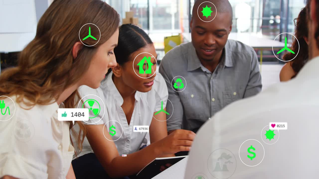 Center woman tapping tablet, activating eco icons and social metrics, team reviewing business data