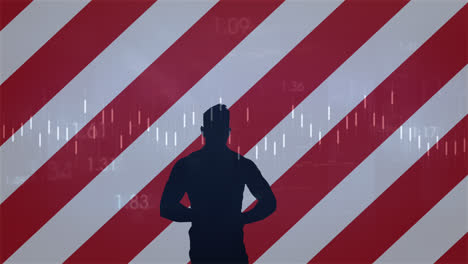 animation of american flag with man's silhouette and statistics processing