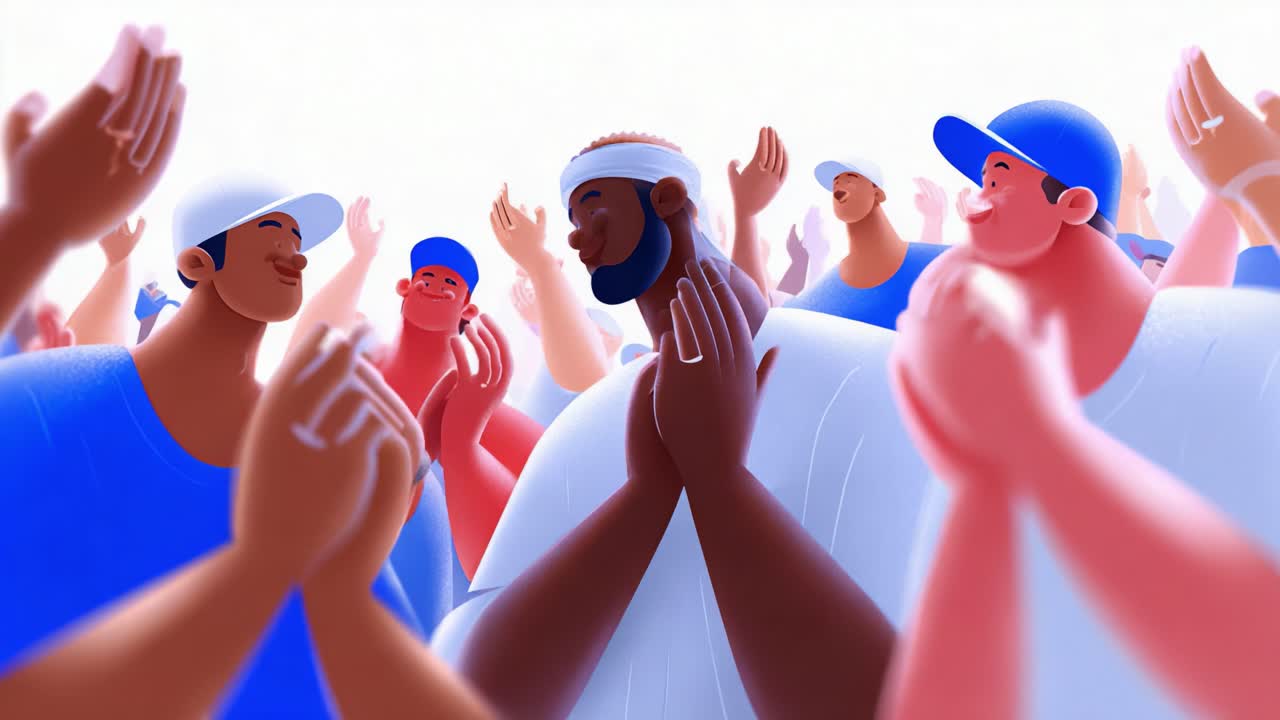 An uplifting scene teeming with energy and enthusiasm, showcasing a diverse group of animated characters celebrating and expressing joy through cheer and applause in a vibrant atmosphere