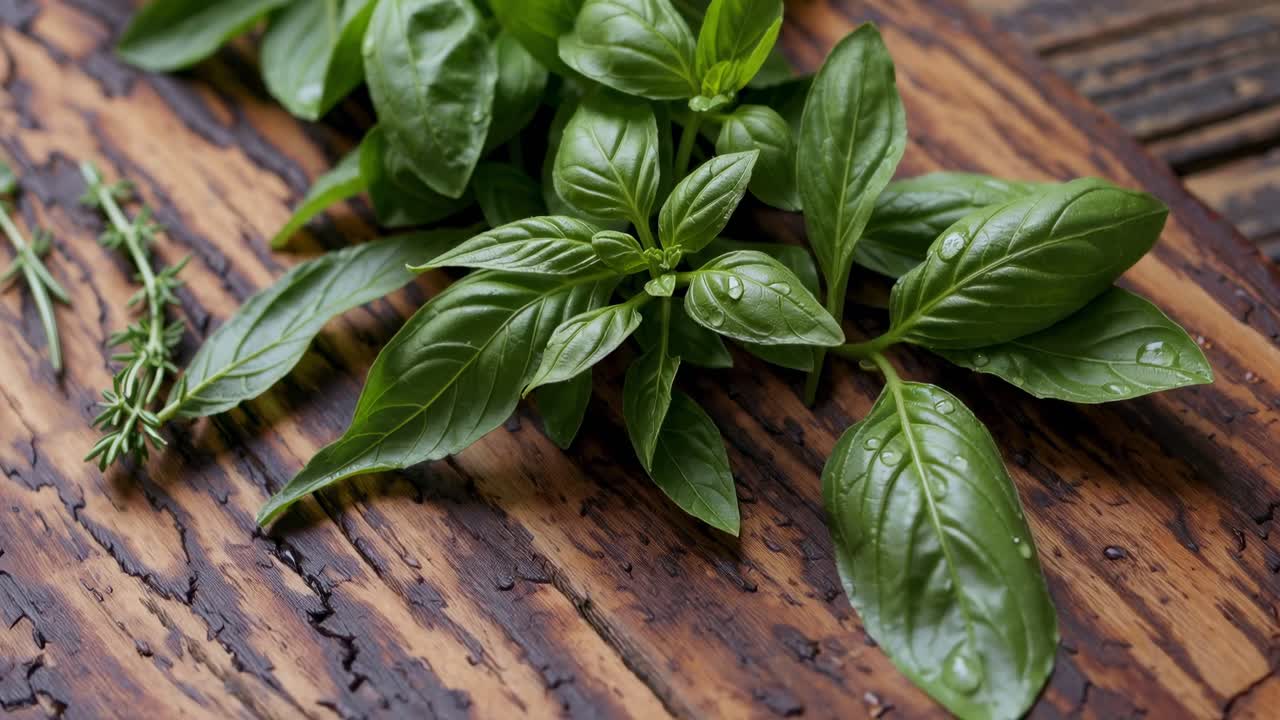 Ripresa video dall'alto di basilico fresco e rosmarino su un tagliere di legno rustico, che ne evidenzia la vivacità