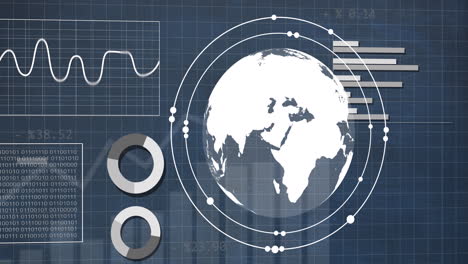 animation of financial data processing and globe over blue background