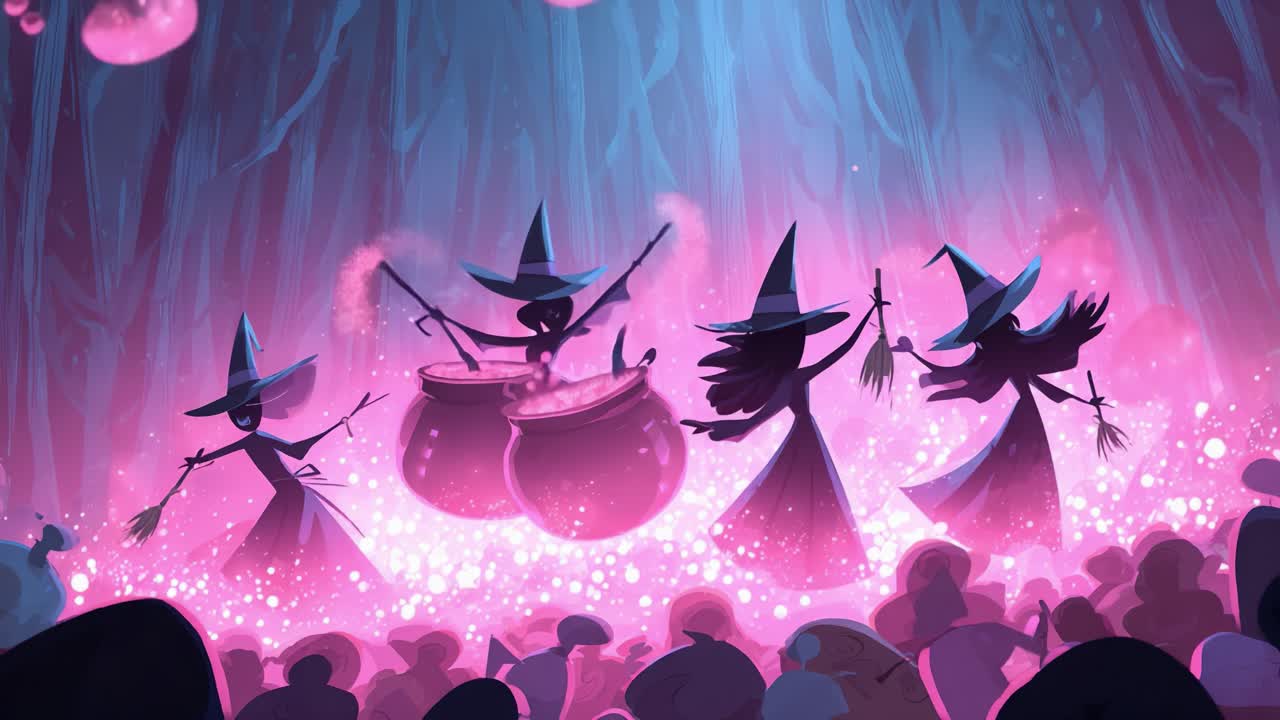 A Mysterious Gathering of Enchanting Witches Envelops the Forest in a Spellbinding Ritual, Surrounded by Spectators Awed by Their Magical Performance