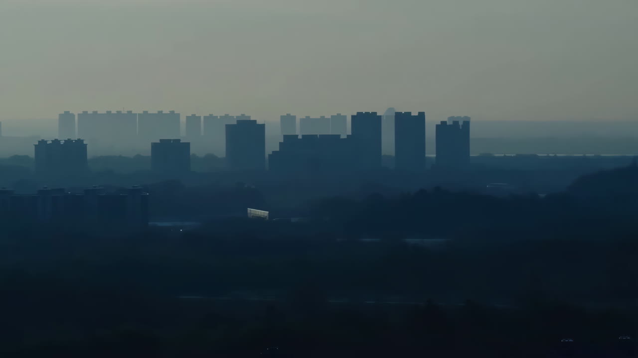 Misty Urban Skyline with Silhouetted Buildings
