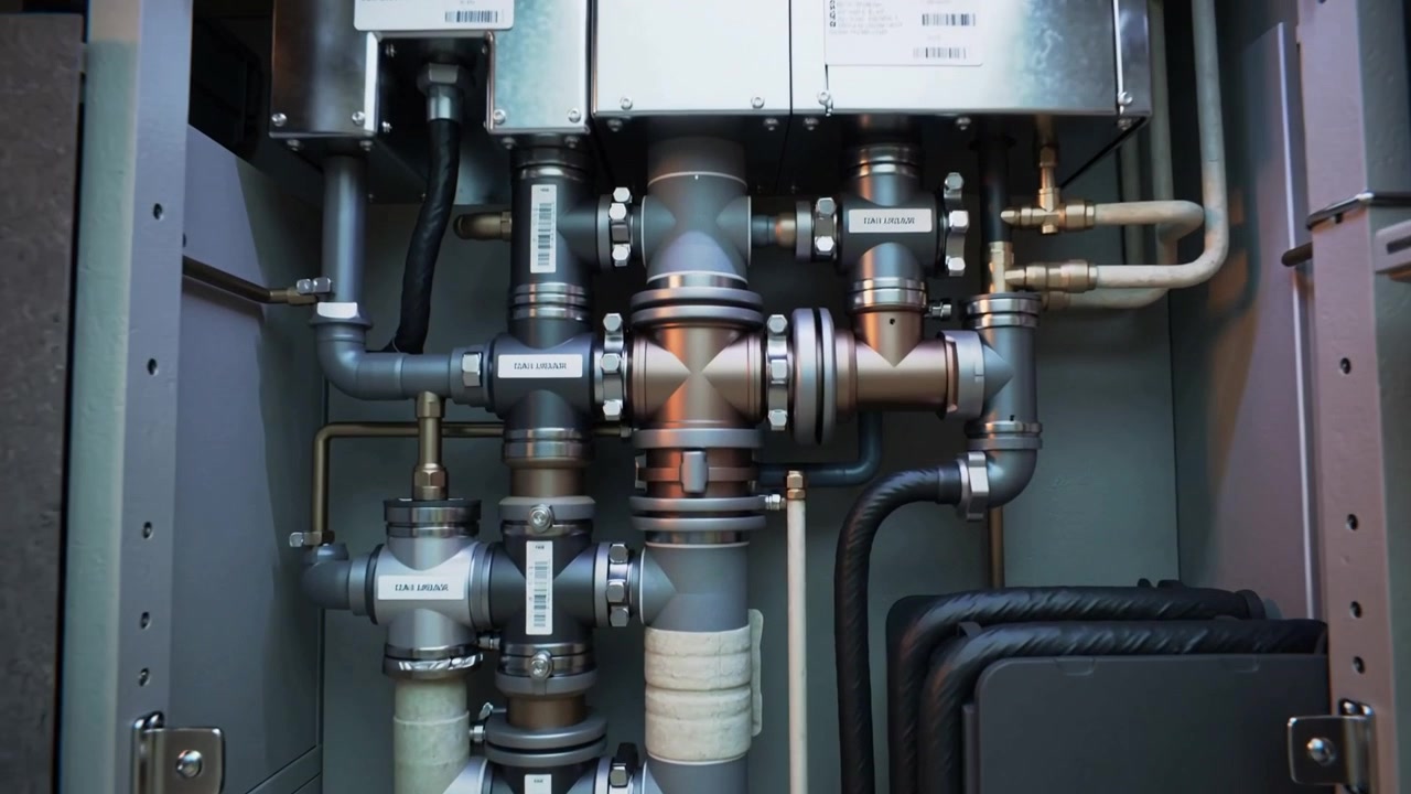 Opening door revealing pipes inside built-in housing, camera zooming for central junction close-up