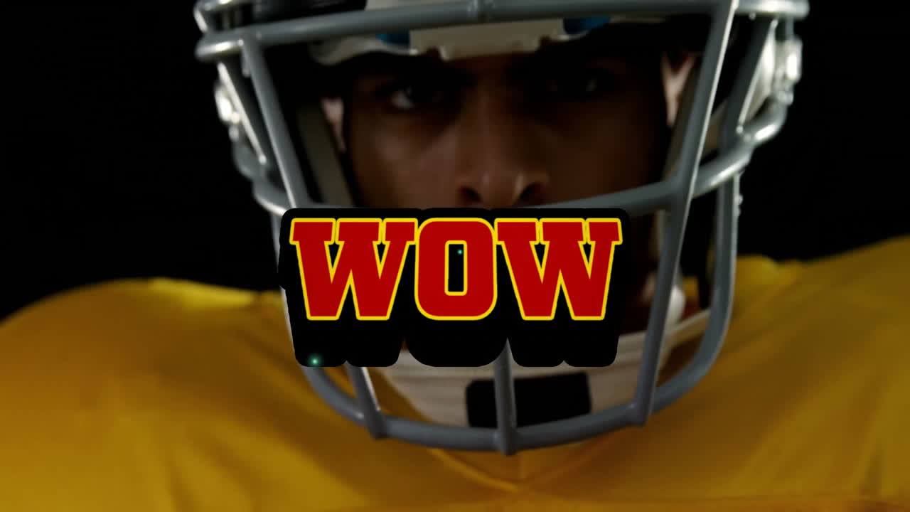Wearing helmet, football player with bold WOW text overlay in animation