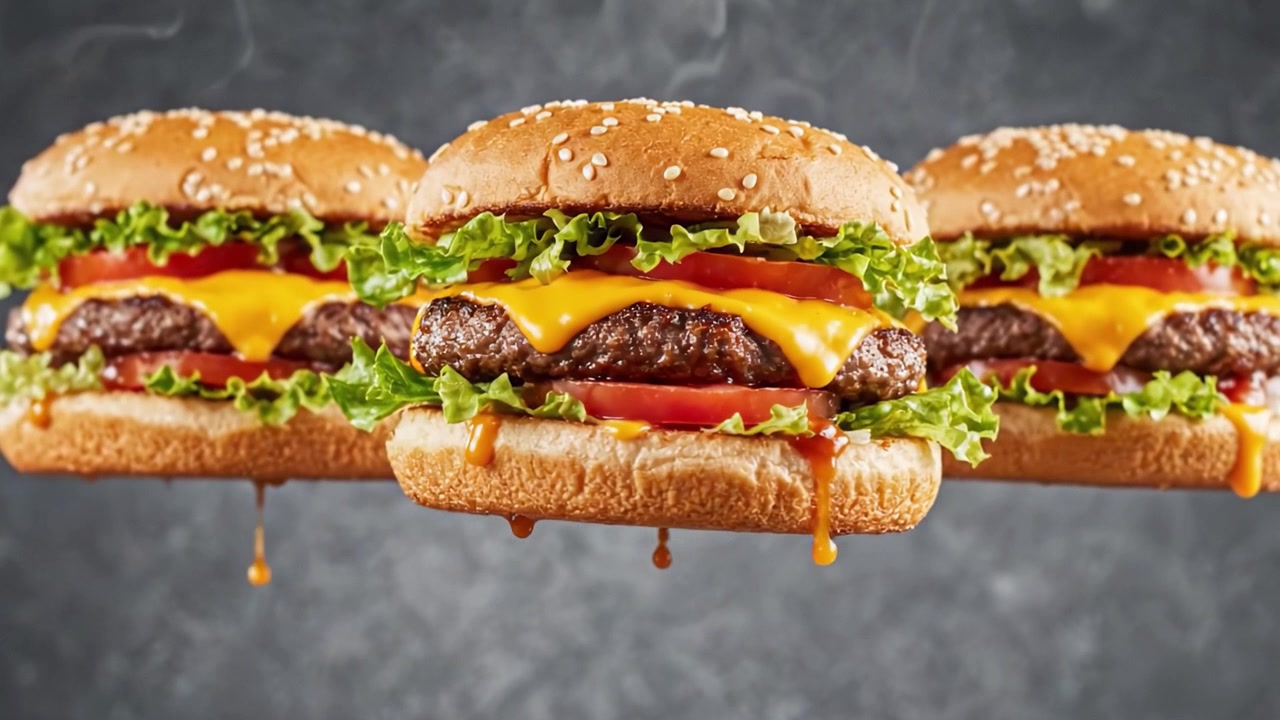 Un trio invitante di hamburger succosi e ricchi di formaggio con verdure fresche e condimenti gustosi, pronti a soddisfare ogni desiderio di fame in una festa di sapori.