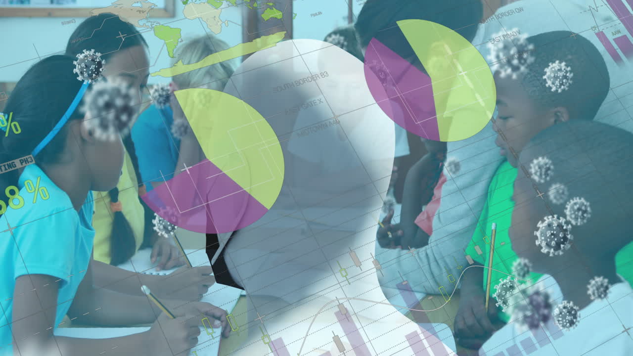 코로나바이러스 세포가 그래프와 차트와 함께 학교 아이들의 수를  ⁇ 고 퍼지고 있습니다.