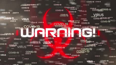 Animation-of-multiple-covid-19-text-over-warning-sing-on-dark-background