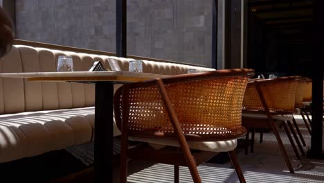 front view of stylish and light dining table in restaurant close up shot,low angle shot