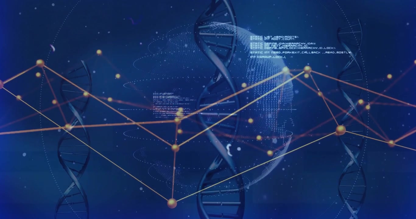 DNA strands and network connections animation over rotating globe with data