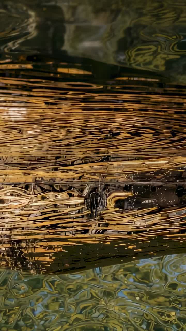 Video verticale: Asse di legno invecchiato che galleggia e ondeggia per il vento sull'acqua di uno stagno, con increspature e riflessi del sole.