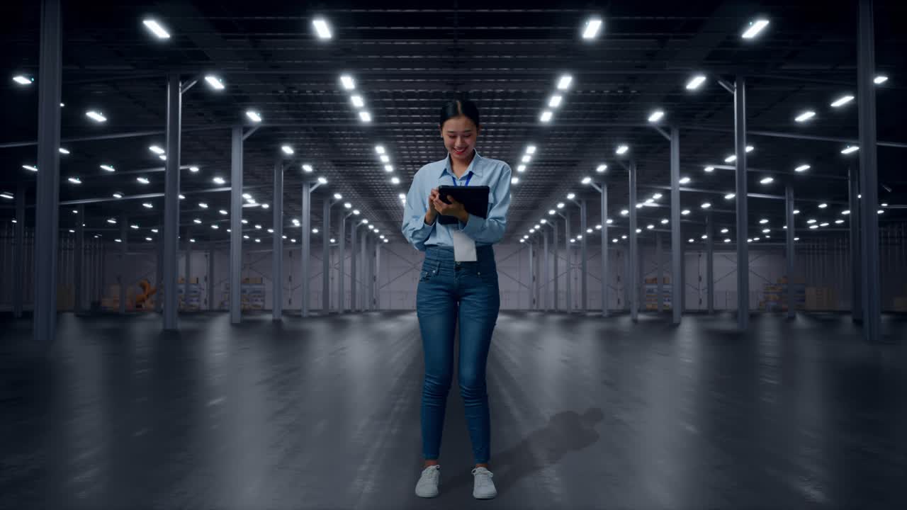 Full Body Side View Of Asian Female With Her Tablet in Empty Modern Warehouse, Typing And Dissapionted With Nodding Her Shead