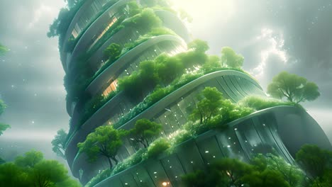 eco-futuristic green building with lush vertical gardens