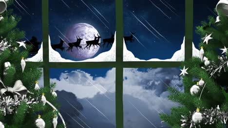 animation of winter christmas scene with christmas tree and santa sleigh seen through window