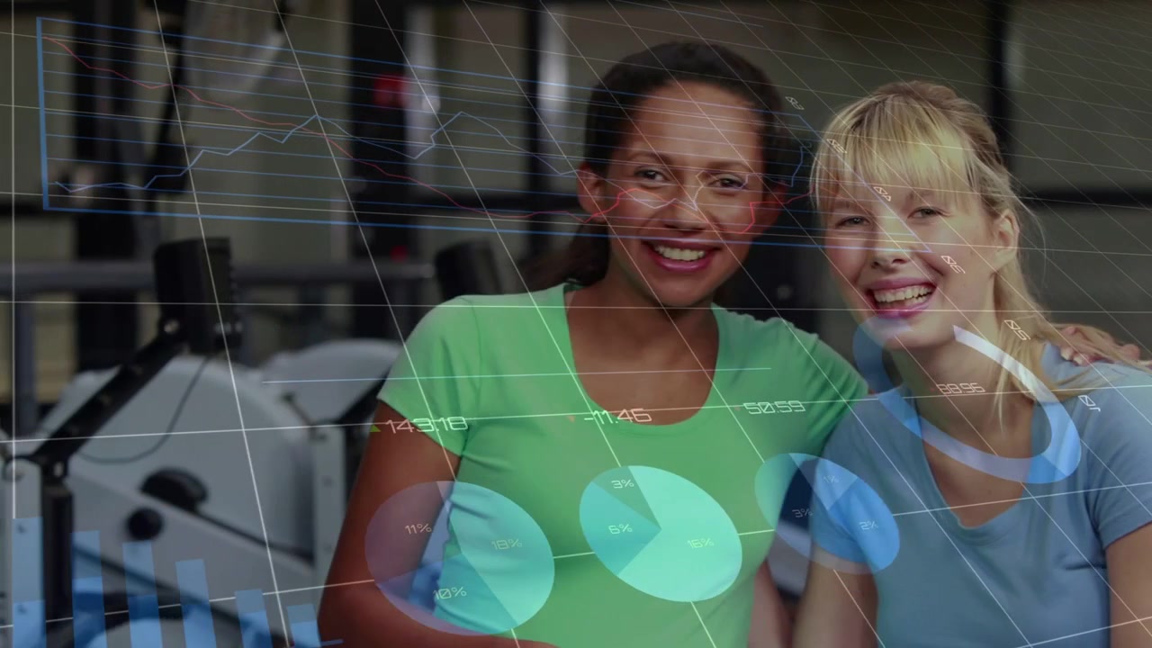 Woman in blue touching pregnant belly, starting HUD overlaying grids and charts in fitness, smiling