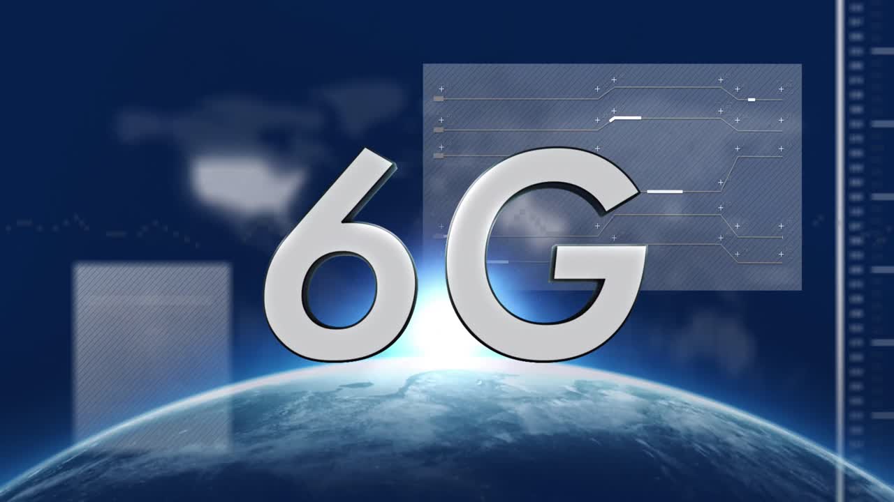 animación de texto 6g, globo y procesamiento de datos por computadora