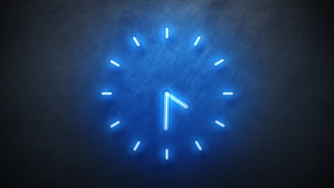 signo de reloj de neón con flecha. animación del temporizador de cuenta atrás sin fisuras. en bucle.