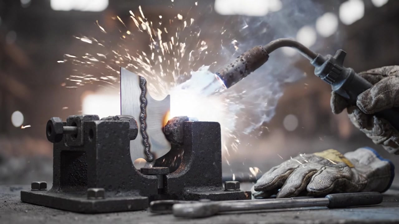 Industrial workshop showcasing advanced metalwork processes, equipment, and craftsmanship in a vast, dimly lit factory setting with smoky air and intricate details.
