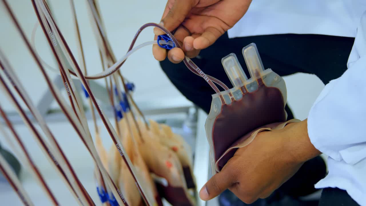 técnico de laboratorio analizando la bolsa de sangre 4k