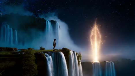 girl at the edge of a waterfall, under a starry sky, witnessing a celestial event