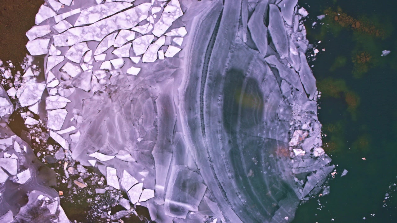 Overhead view of varied ice sheets covering the surface of a northern Michigan Great Lake.