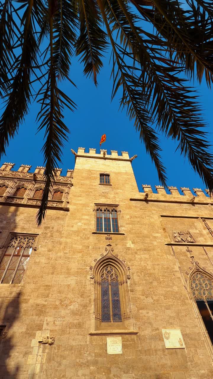 Torre dell'edificio gotico della Lonja de la Seda con bandiera tra le palme. Vista della torre gotica della Lonja de la Seda con la bandiera valenciana incorniciata da foglie di palma a Valencia, Spagna.