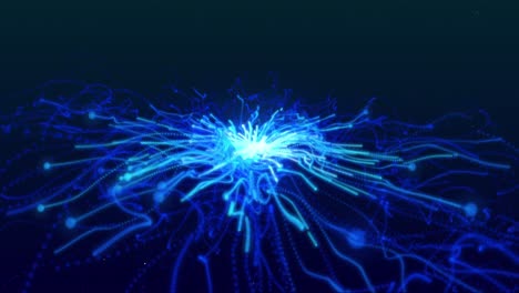 Glowing-blue-tentacles-of-electric-current-moving-from-central-point-of-light-on-a-black-background