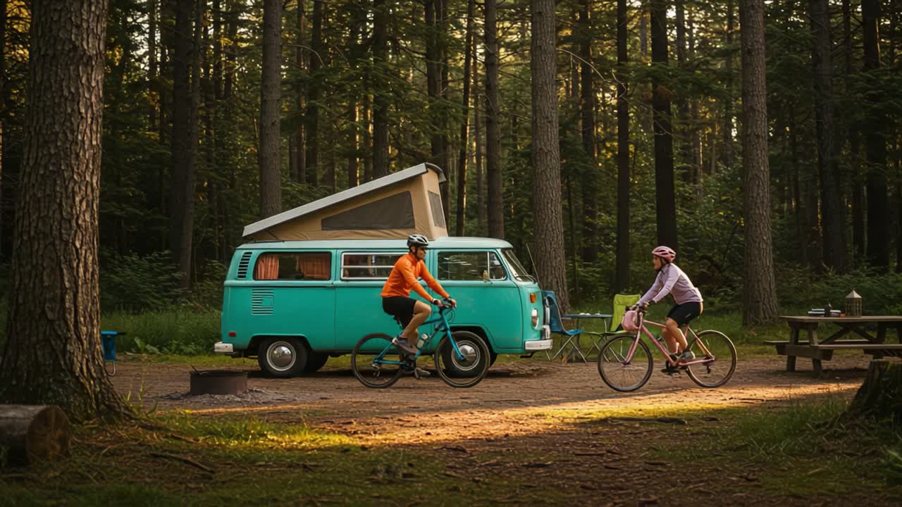 Adventurous Cyclists Enjoying a Scenic Ride Near a Vintage Camper Van in a Serene Forest Campground Setting at Golden Hour