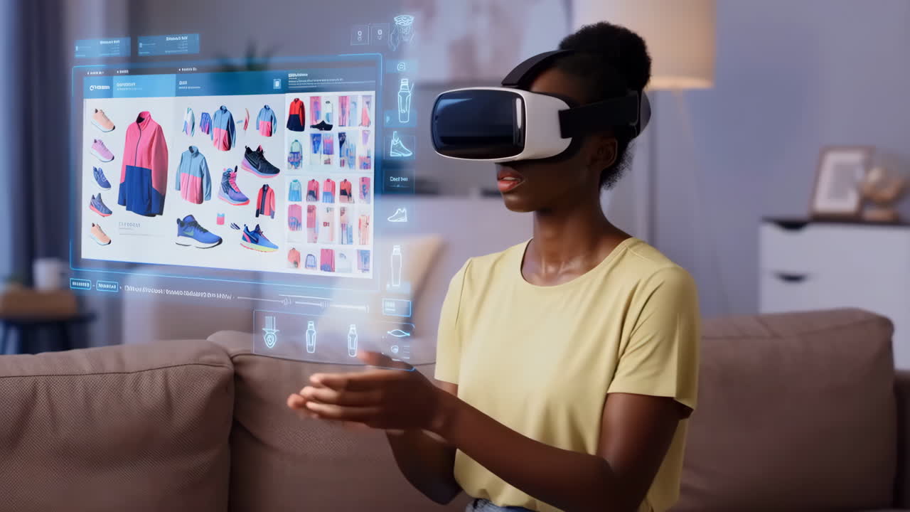 Woman using VR headset for virtual shopping experience