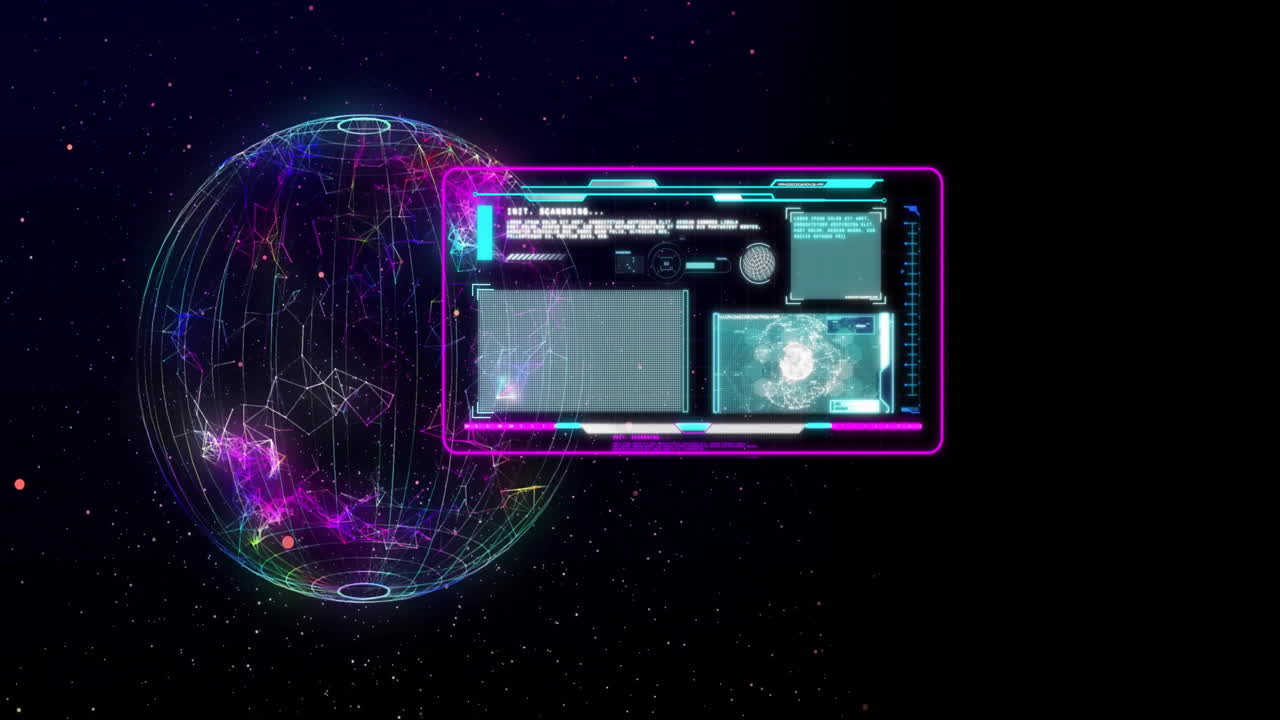 animación de pantallas con procesamiento de datos sobre el globo sobre fondo oscuro