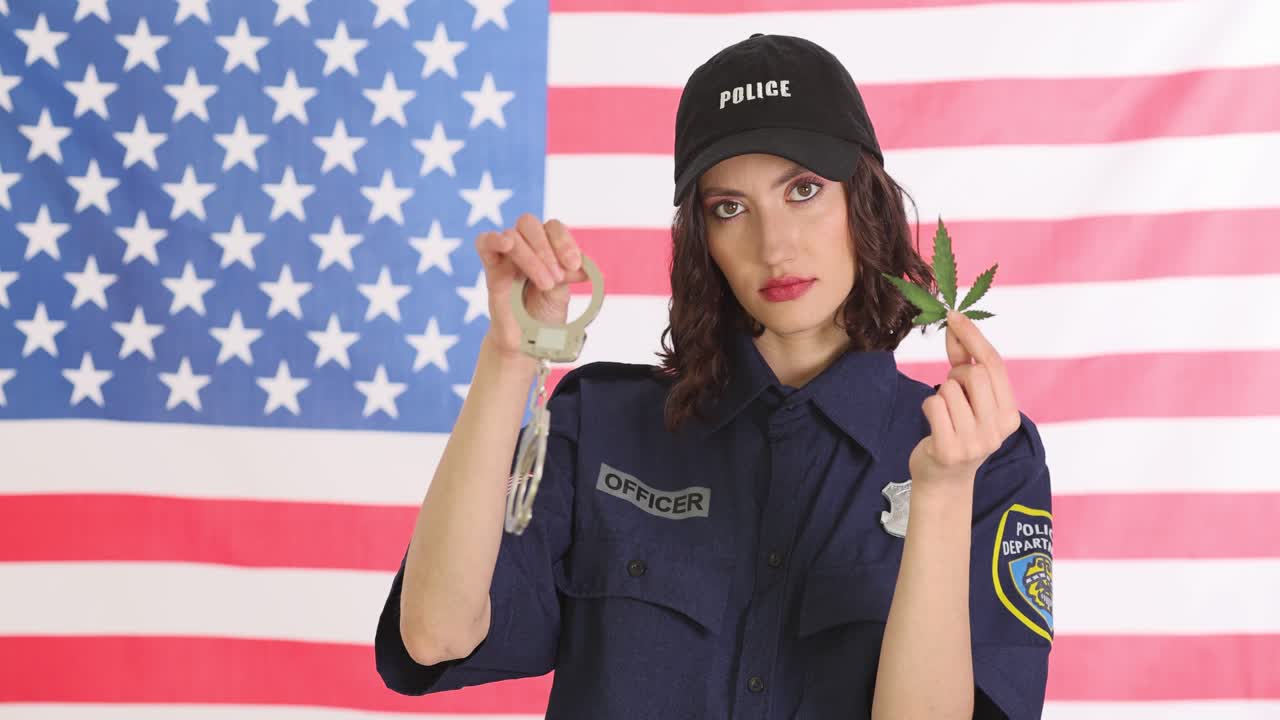 A police officer holding a cannabis leaf and handcuffs in front of an American flag