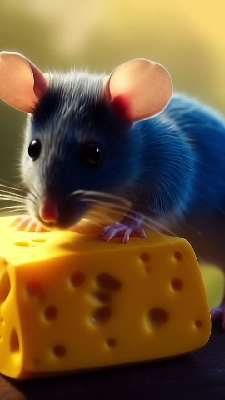 Mouse explores cheese in sunny meadow