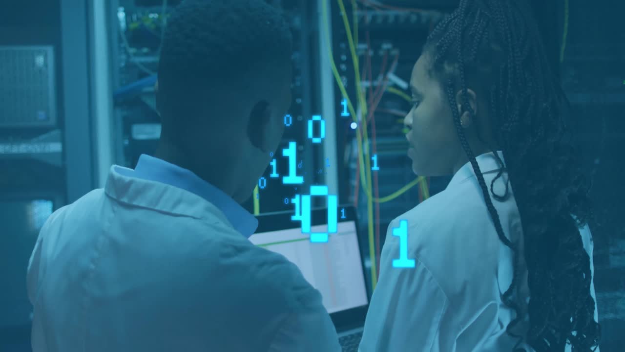Binary digits sparking IT specialists examining network cables, verifying data flow in server room